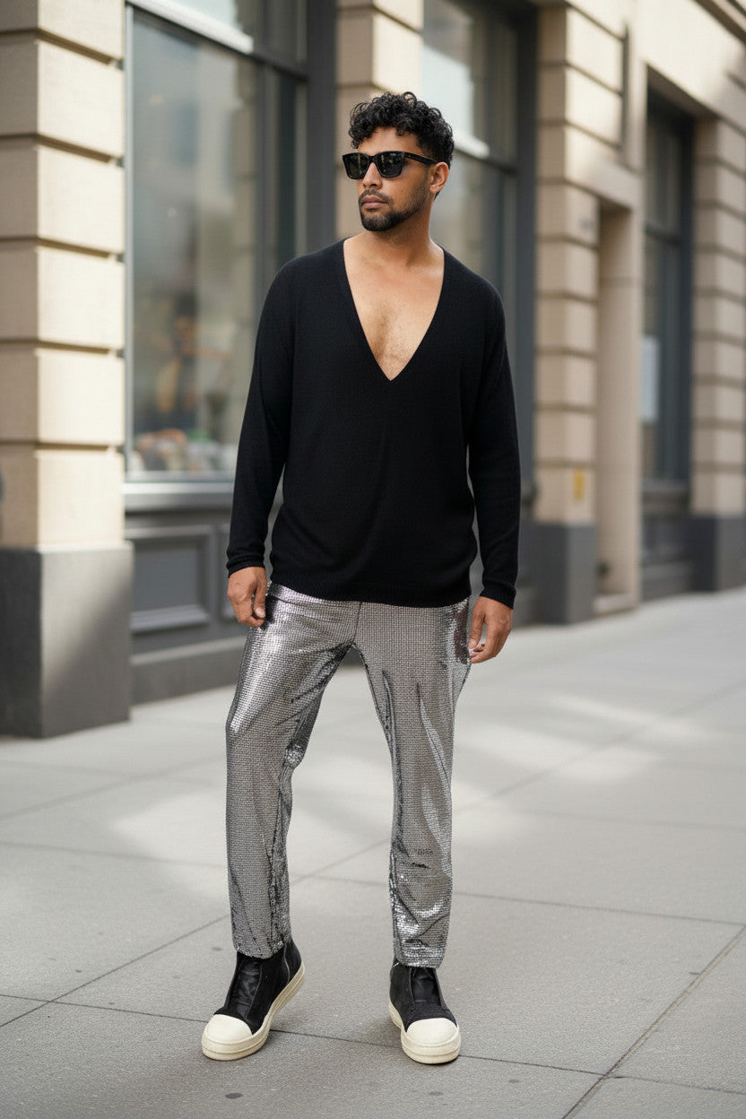 Long Sleeve Deep V Neck Tee Shirt | Drop Shoulder T Shirt | Black Drape Jersey