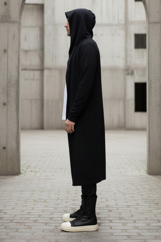 Mens Hooded Cardigan, Long Line Cloak Robe, Soft Rib Knit Knit With Pockets (Unstructured)