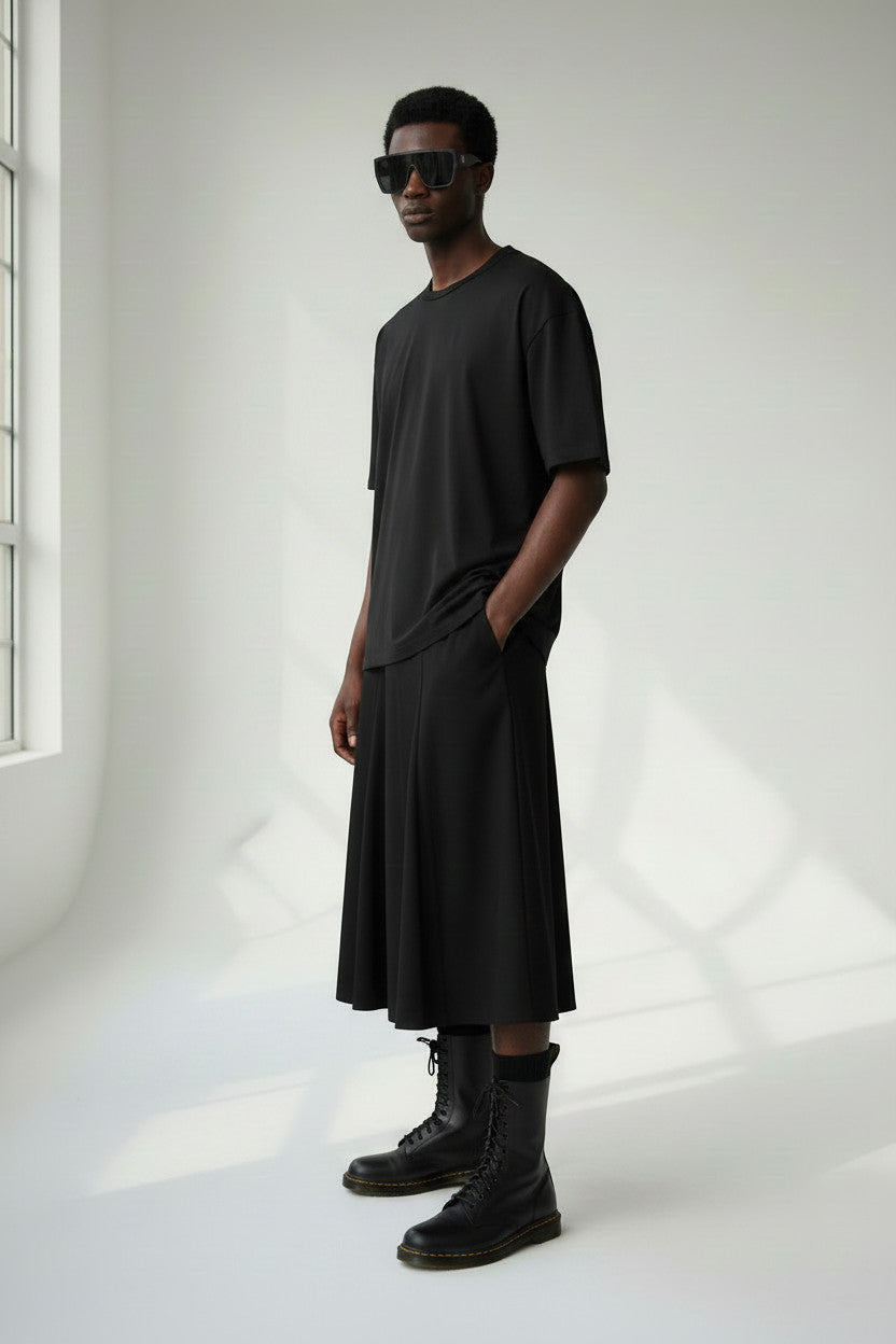 Linen Kilt: Men's Black Flared Pleated Skirt