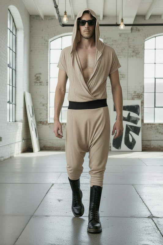 Drape Front Jersey Jumpsuit | Cross Front With Hood | Mens Romper Onesie