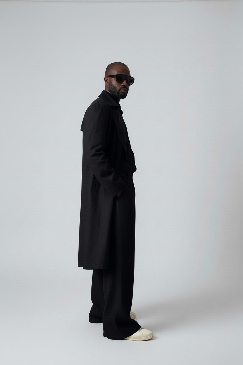 Men’s Black Linen Trench Coat | Lightweight Unlined Coat | Minimalist Long Jacket | Avant-Garde Outerwear | Spring Summer Layer