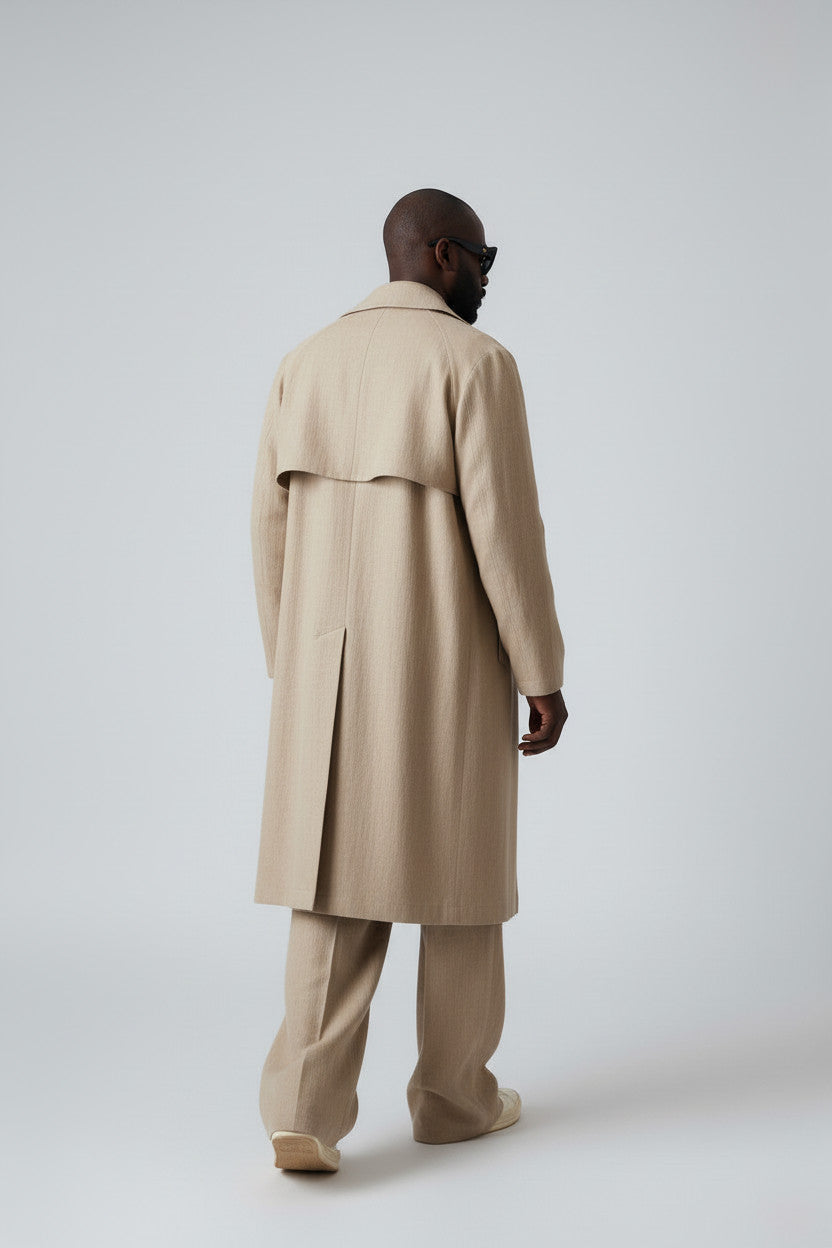 Men’s Biege Linen Trench Coat | Lightweight Unlined Coat | Minimalist Long Jacket | Avant-Garde Outerwear | Spring Summer Layer