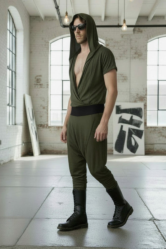 Drape Front Jersey Jumpsuit | Cross Front With Hood | Mens Romper Onesie