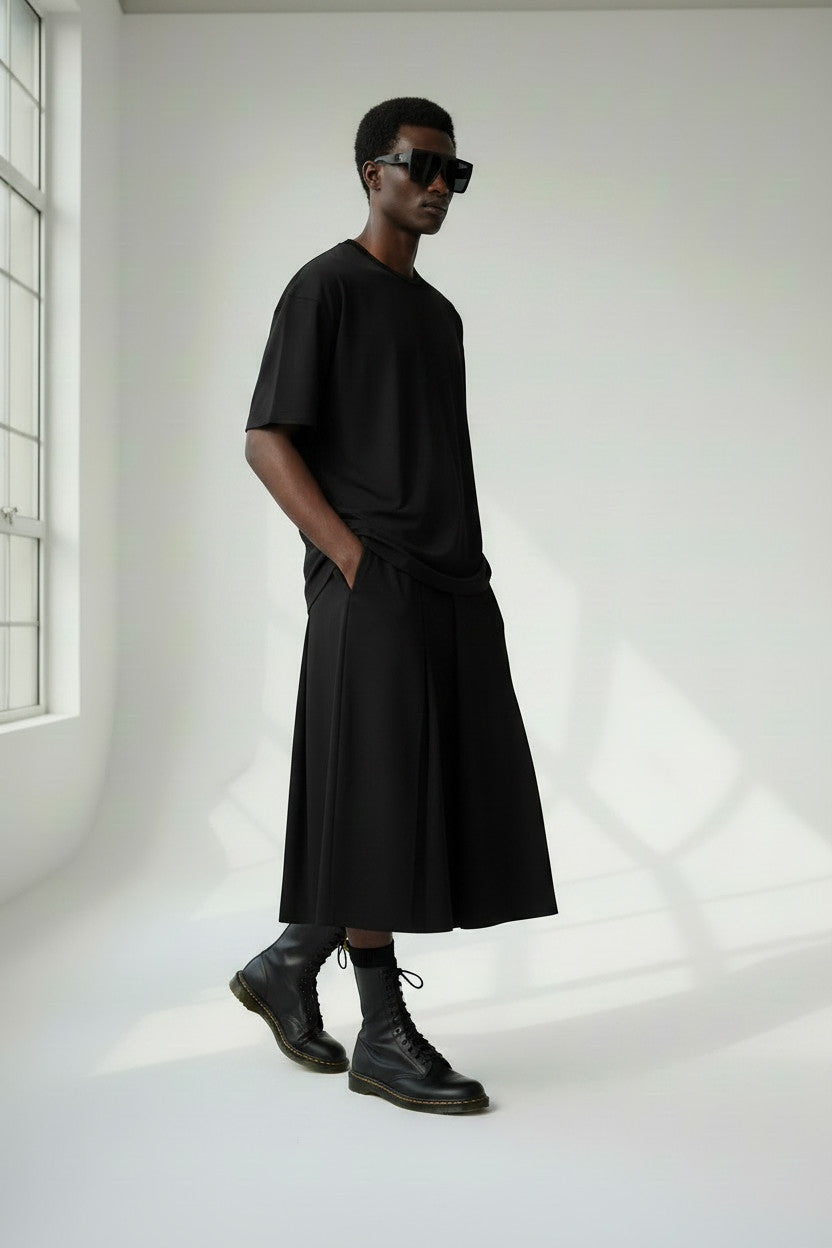 Linen Kilt: Men's Black Flared Pleated Skirt
