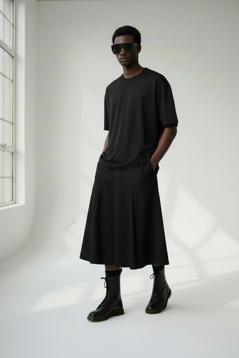 Linen Kilt: Men's Black Flared Pleated Skirt