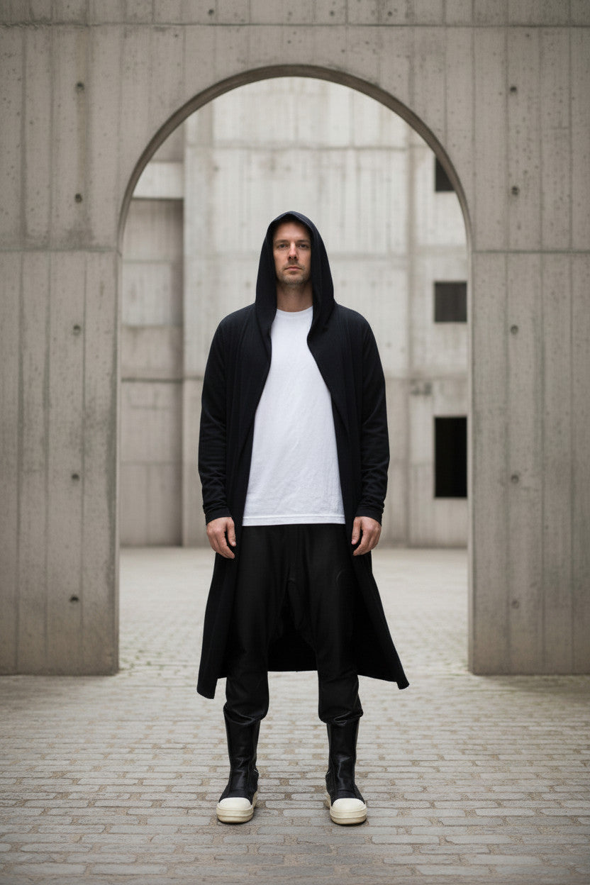 Mens Hooded Cardigan, Long Line Cloak Robe, Soft Rib Knit Knit With Pockets (Unstructured)
