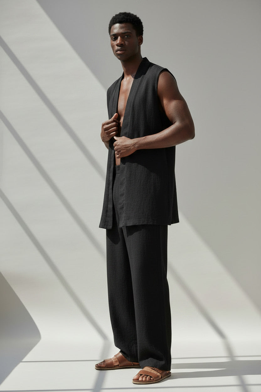 Black Linen Vest And Pant Set | 100% Open Front Vest And Elastic Waist Cinched Pant