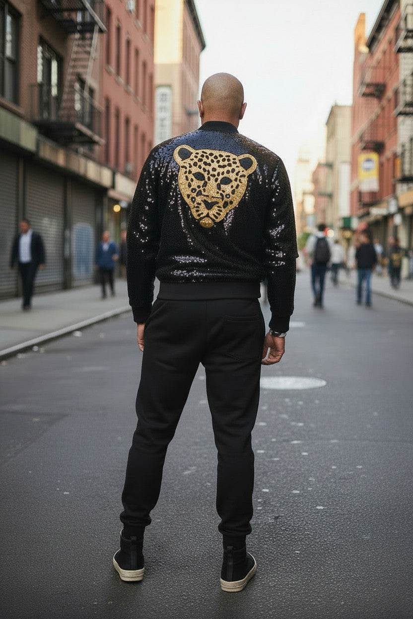 Black Sequin Bomber Jacket with Gold Leopard Patch | Streetwear Sparkle Party Wear