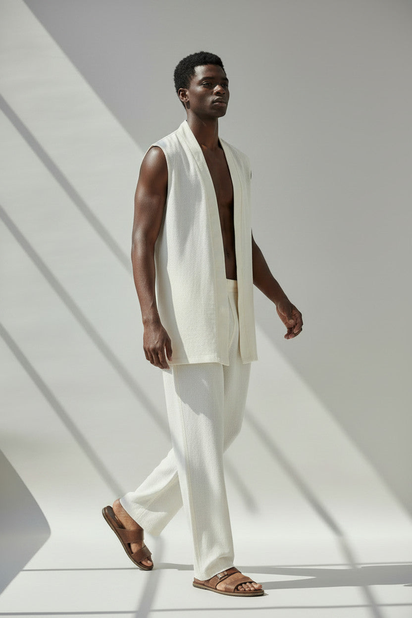 White Linen Vest And Pant Set | Open Front Vest And Elastic Waist Cinched Pant