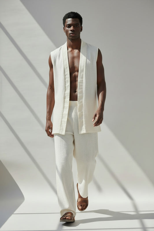 White Linen Vest And Pant Set | Open Front Vest And Elastic Waist Cinched Pant