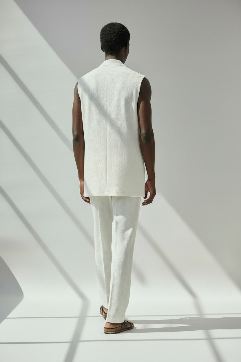 White Linen Vest And Pant Set | Open Front Vest And Elastic Waist Cinched Pant