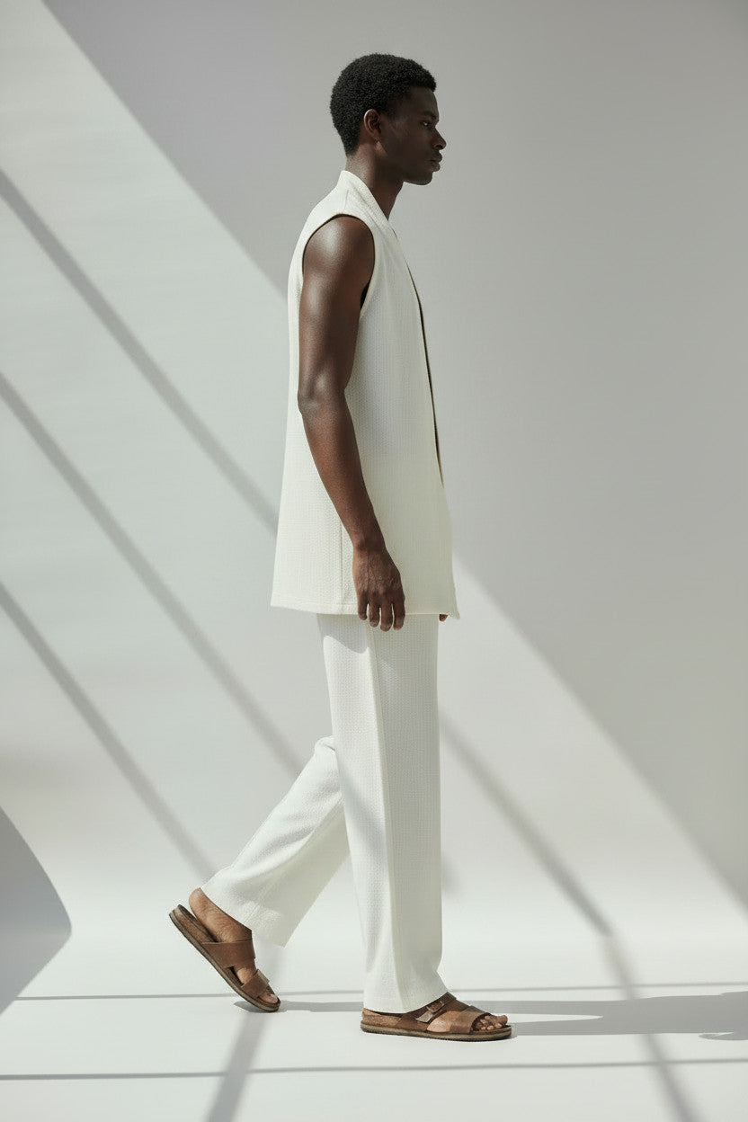 White Linen Vest And Pant Set | Open Front Vest And Elastic Waist Cinched Pant
