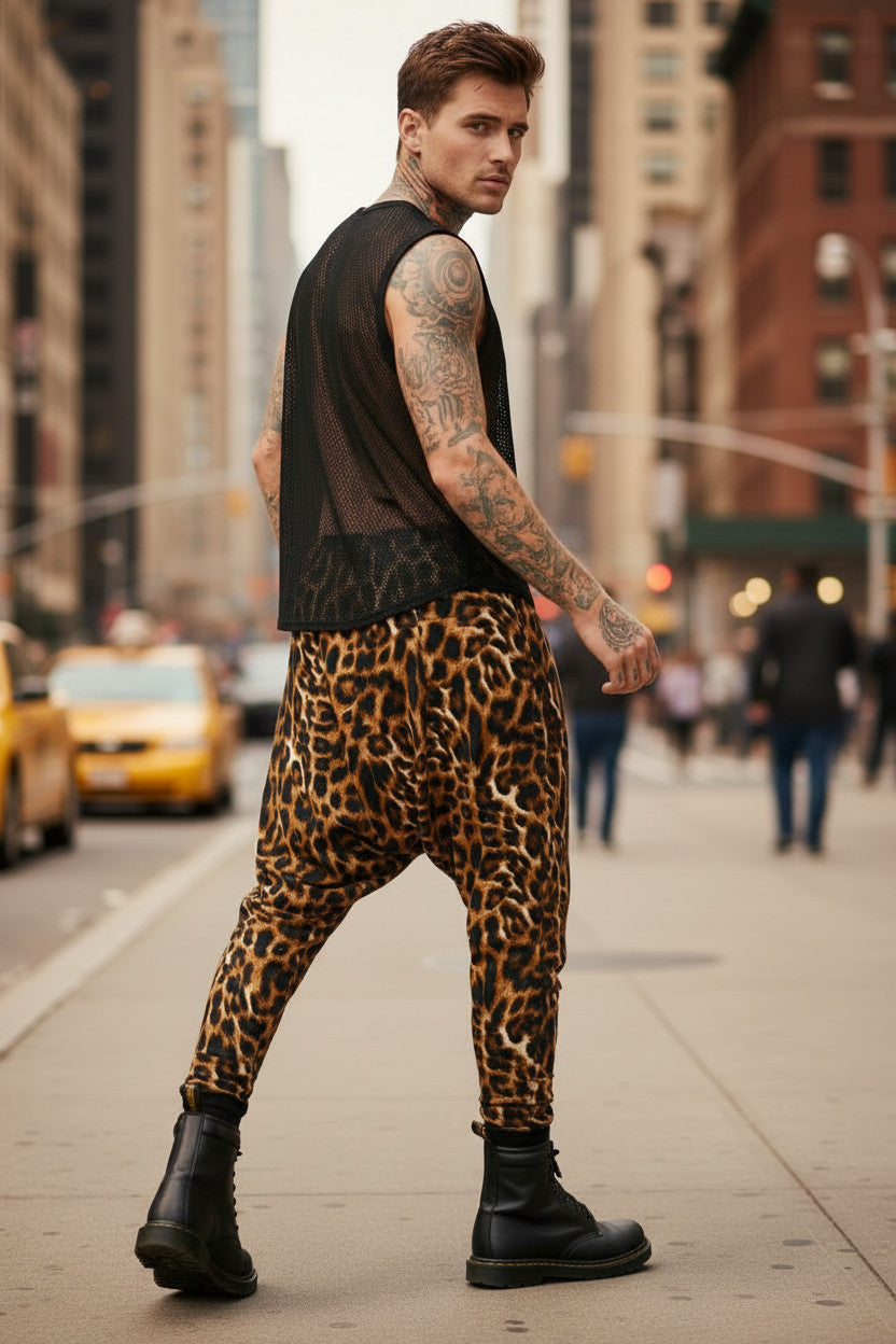 Dropped Crotch Jogger Pants | Cheetah Printed Harem Pants | Elastic Waist and Side Pockets