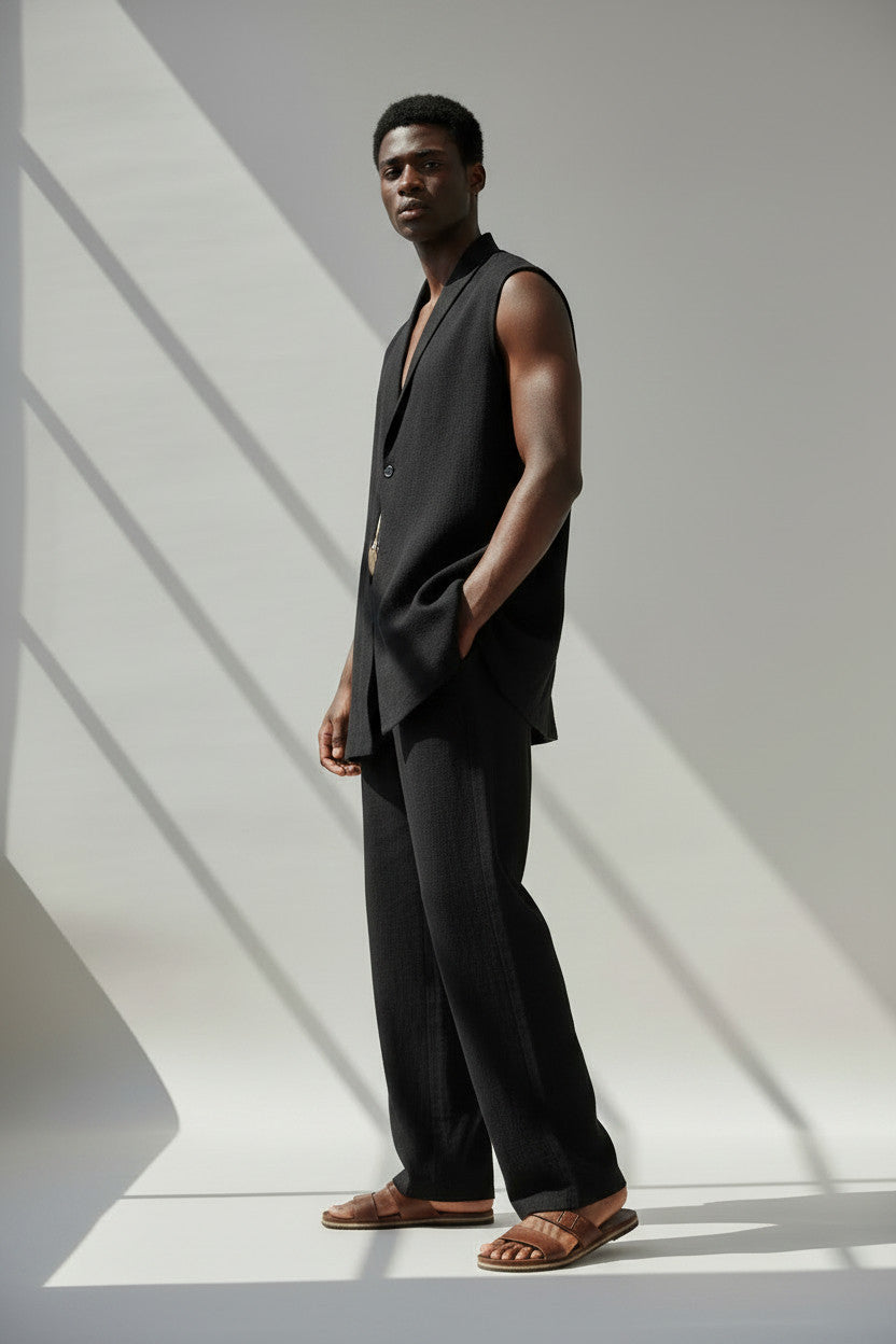 Black Linen Vest And Pant Set | 100% Open Front Vest And Elastic Waist Cinched Pant