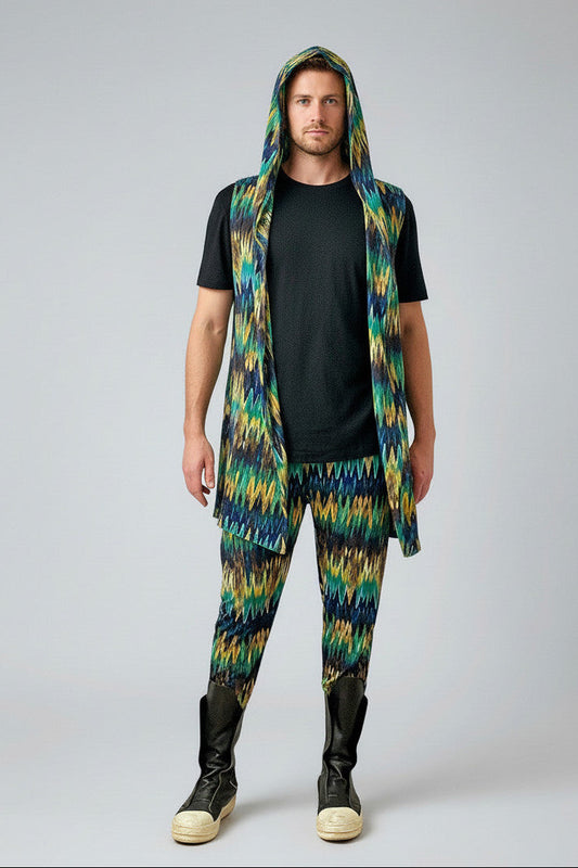 Festival Hooded Cardigan And Jogger Set – BurningMan | Tribal Print Men’s Festival Wear | Sleeveless Hoodie & Matching Pants | Rave Clothing