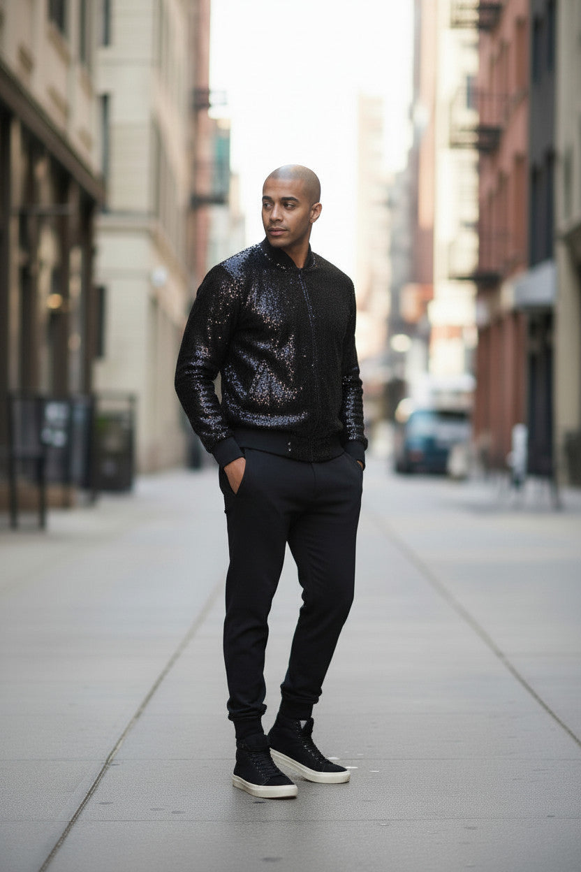 Black Sequin Bomber Jacket with Gold Leopard Patch | Streetwear Sparkle Party Wear