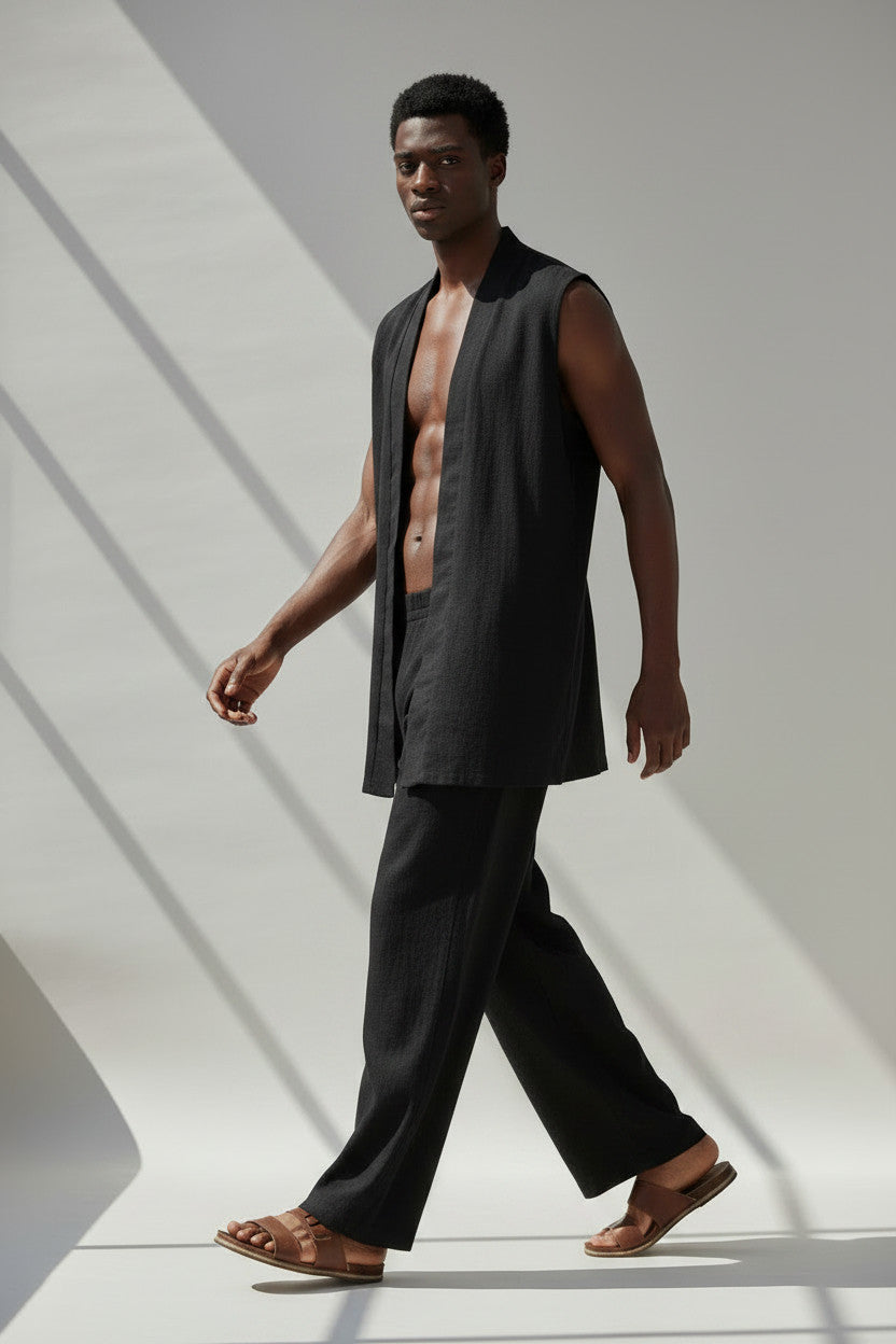 Black Linen Vest And Pant Set | 100% Open Front Vest And Elastic Waist Cinched Pant