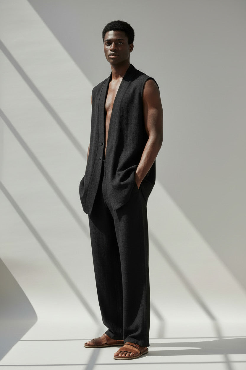 Black Linen Vest And Pant Set | 100% Open Front Vest And Elastic Waist Cinched Pant