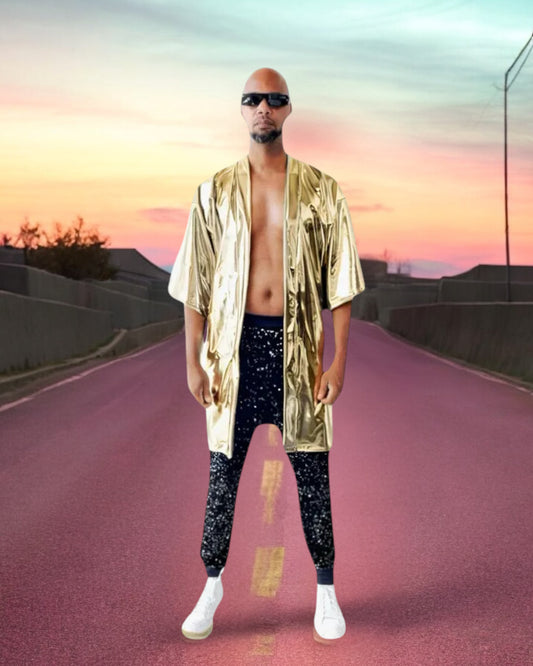 Gold Metallic Kimono Stretchy Spandex Coverup Rave Disco Festival Fashion