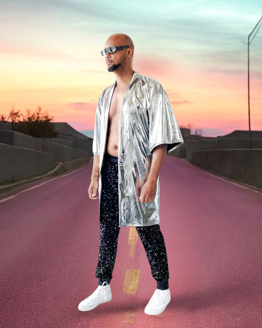 Silver Kimono| Mens Metallic Robe | Stretchy Coated Spandex | Unisex