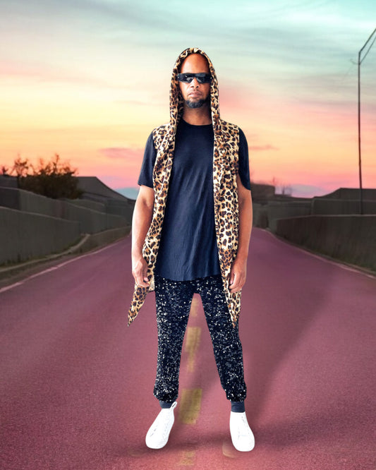 Cheetah Printed Hooded Sleeveless Cardigan Vest Playa Clothing for Festivals