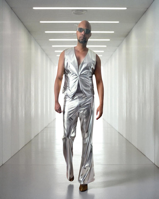 Metallic Flared Jeans Cut Legging | Metallic Silver Pants | Bell Bottom Jeans | Stretch Coated Spandex | Megging Jeggings