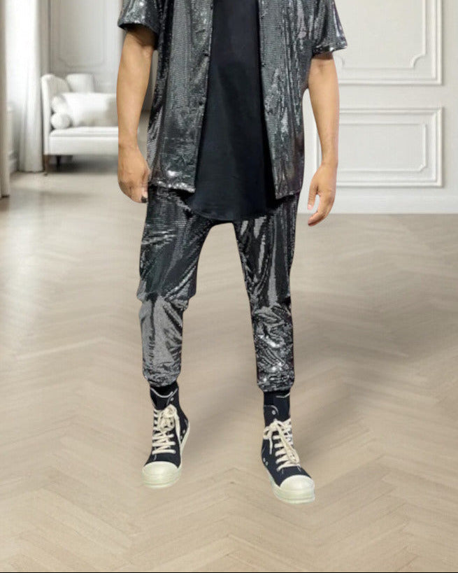 Mens Metallic Jogger Rave Disco Pant,  Burningman Festival Mens Fashion, Pull on stretch pants. festival fashion