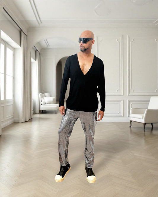 Long Sleeve Deep V Neck Tee Shirt | Black Rayon Jersey | Drop Shoulder T Shirt | Drape Jersey