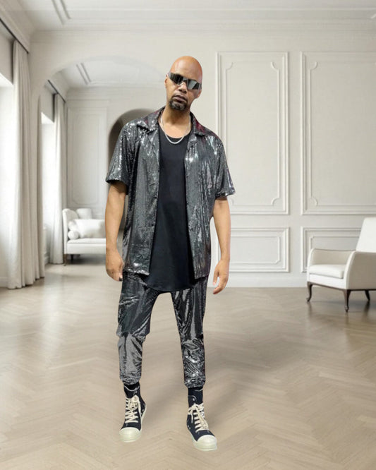 Mens Metallic Jogger Rave Disco Pant, Burningman Festival Mens Fashion, Pull on stretch pants. festival fashion