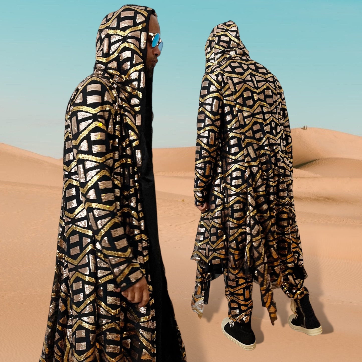 Aztec/Tribal Gold Sequin Hoodie Cloak Cardigan Handkerchief Swing Hem | Mesh Sequin
