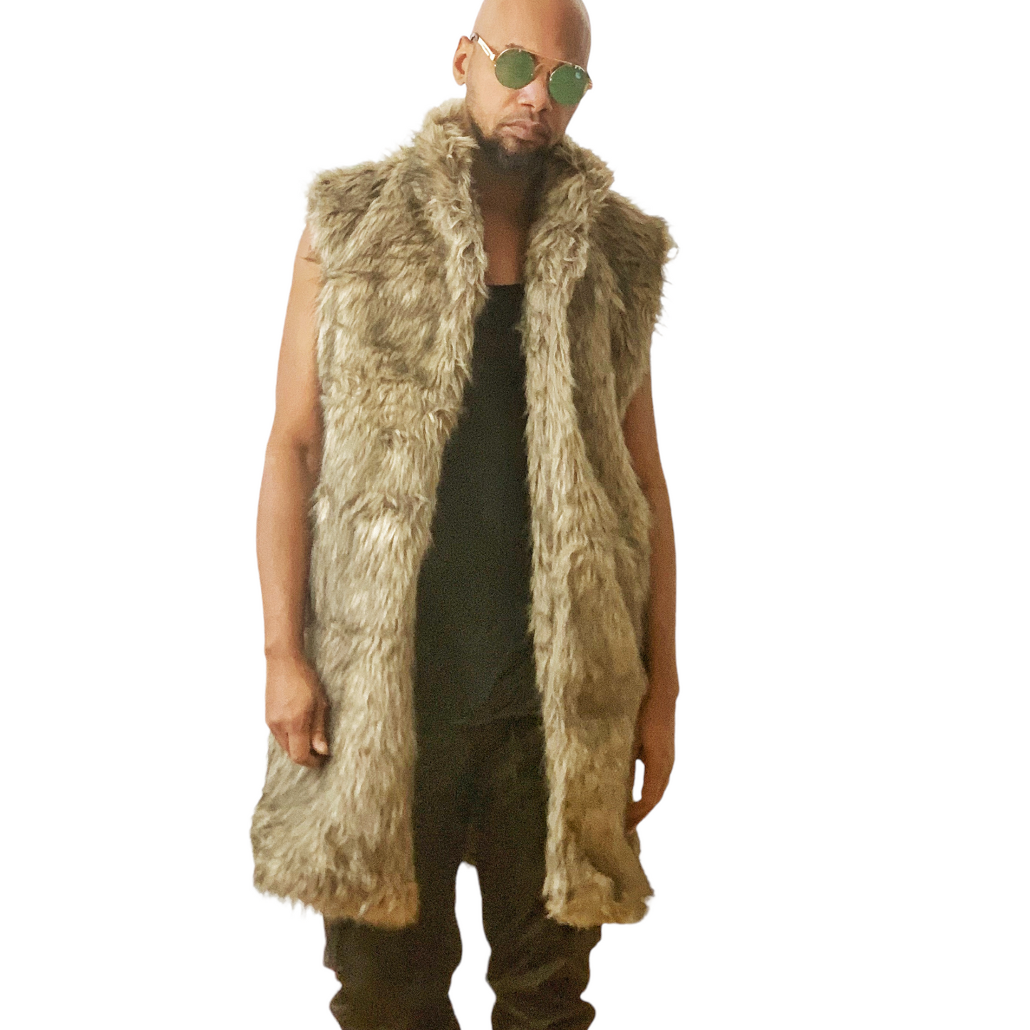 Collared Coyote Faux Fur Vest Collar Beige Faux Fur 3/4 Length Rave Festival Coat Vest