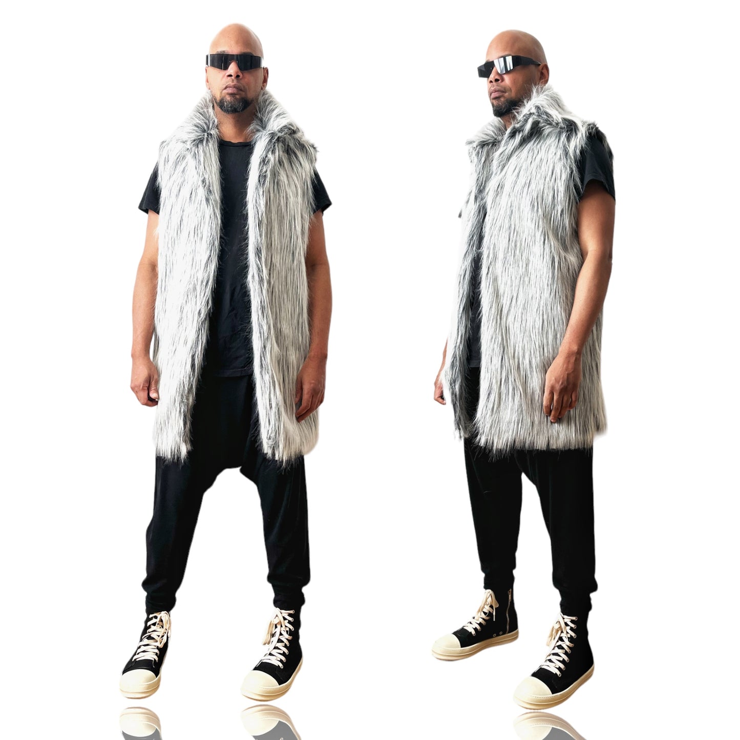 White Platinum WolfFaux Fur Vest Collar Beige Faux Fur 3/4 Length Rave Festival Coat Vest
