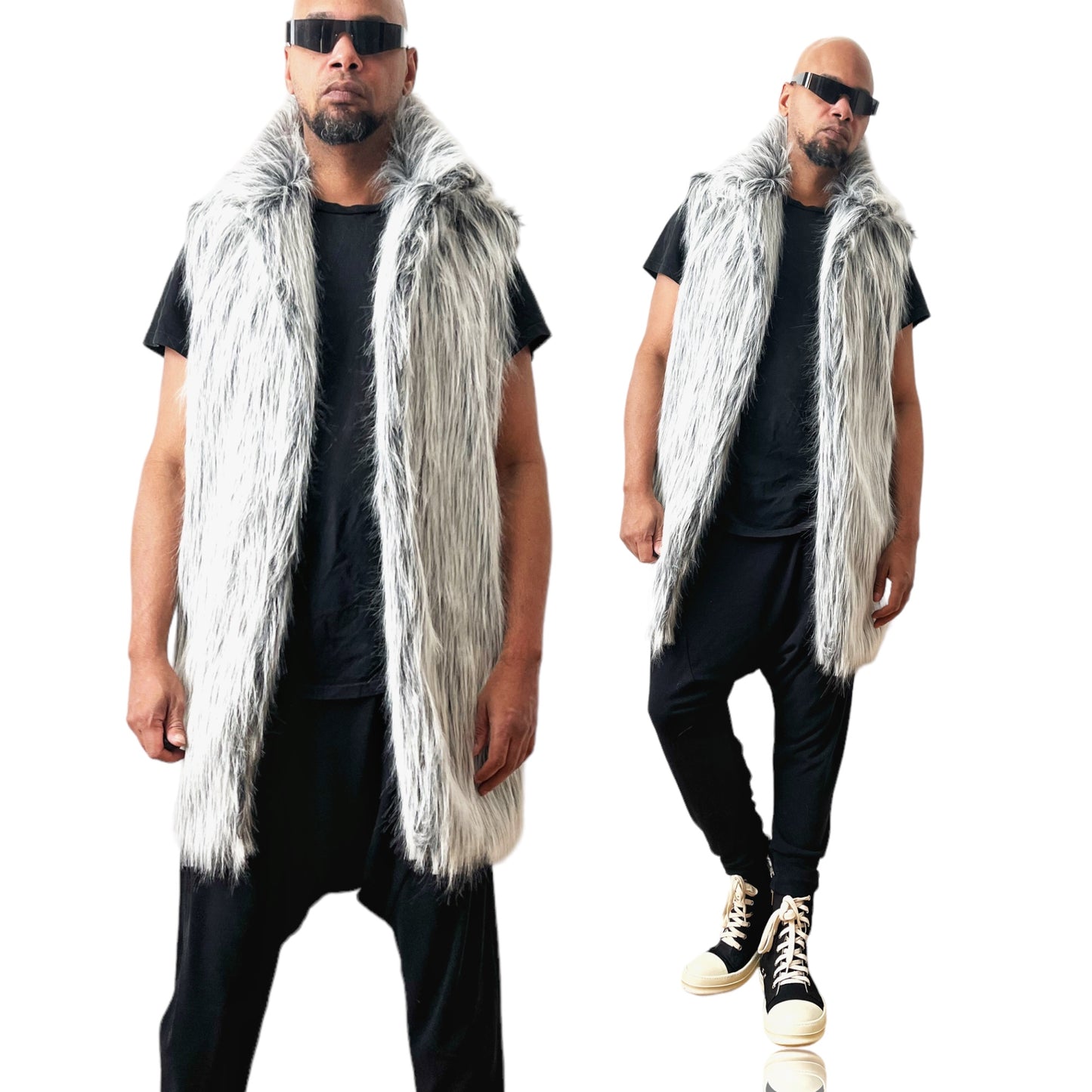 White Platinum WolfFaux Fur Vest Collar Beige Faux Fur 3/4 Length Rave Festival Coat Vest
