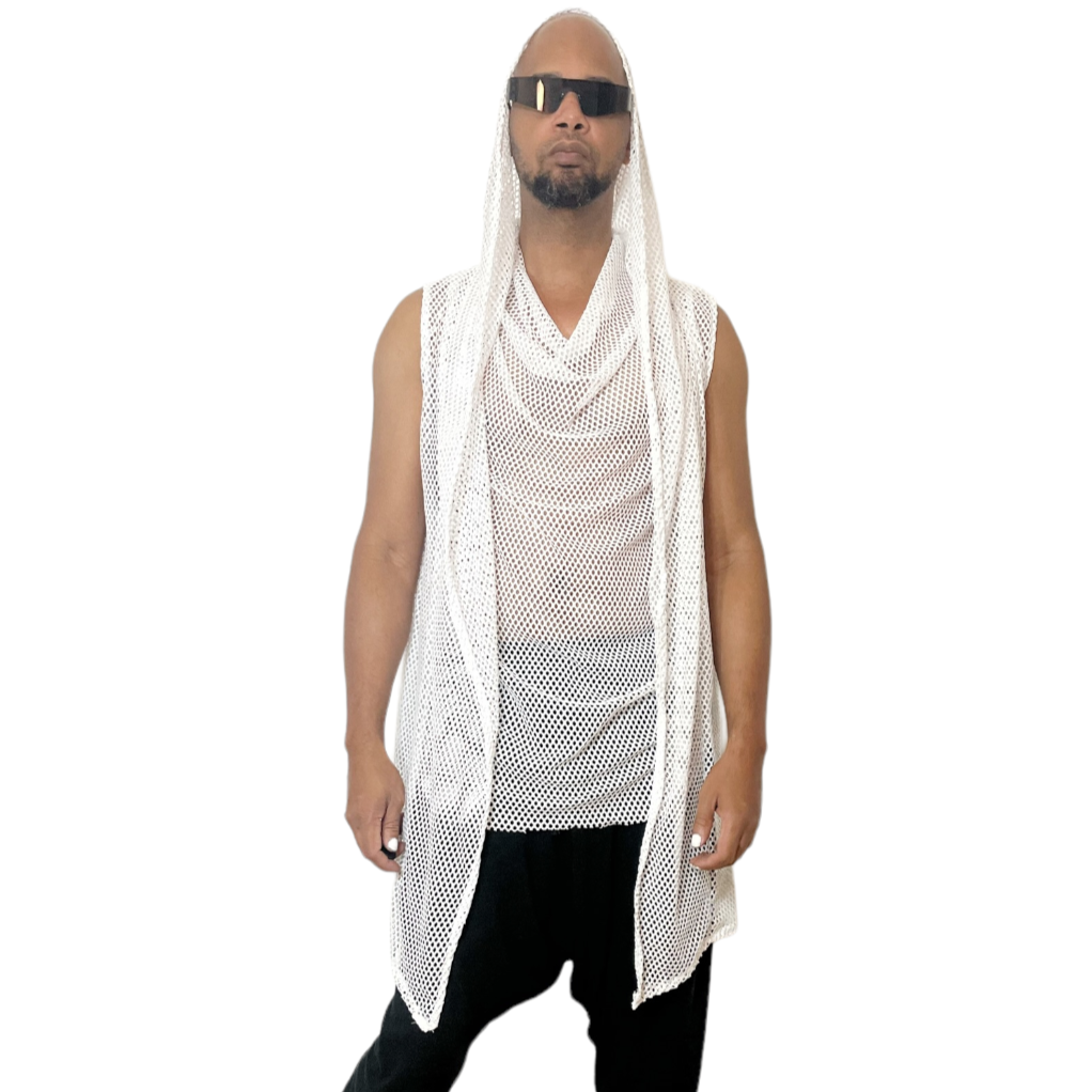 White Mesh Hooded Cardigan  and Cowlneck Set